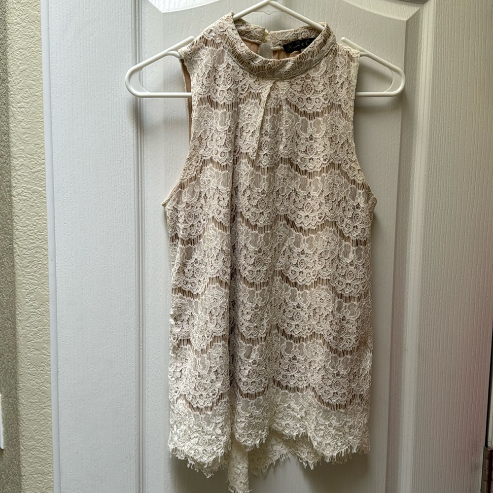 High neck beige lace blouse